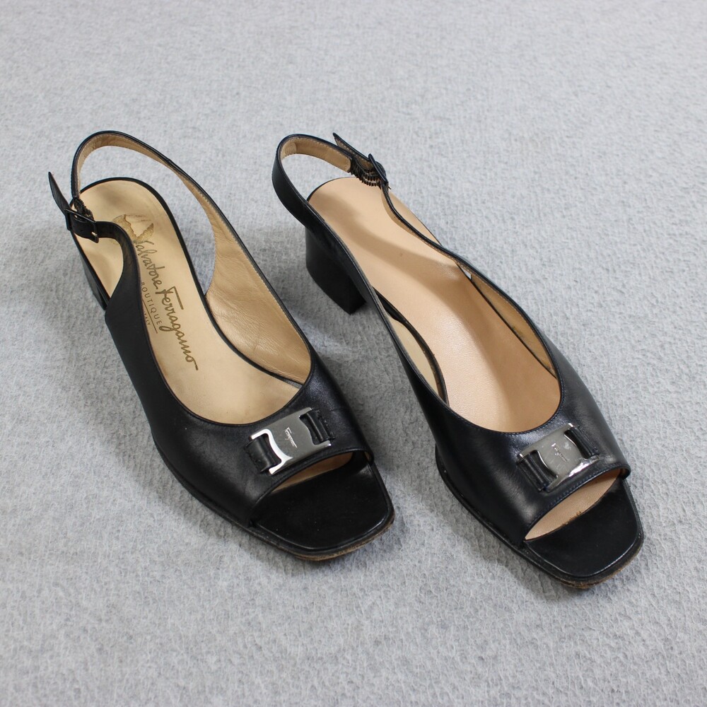 Vintage Salvatore Ferragamo Heels Womens Size 9 Black Leather Peep Toe Italy 90s